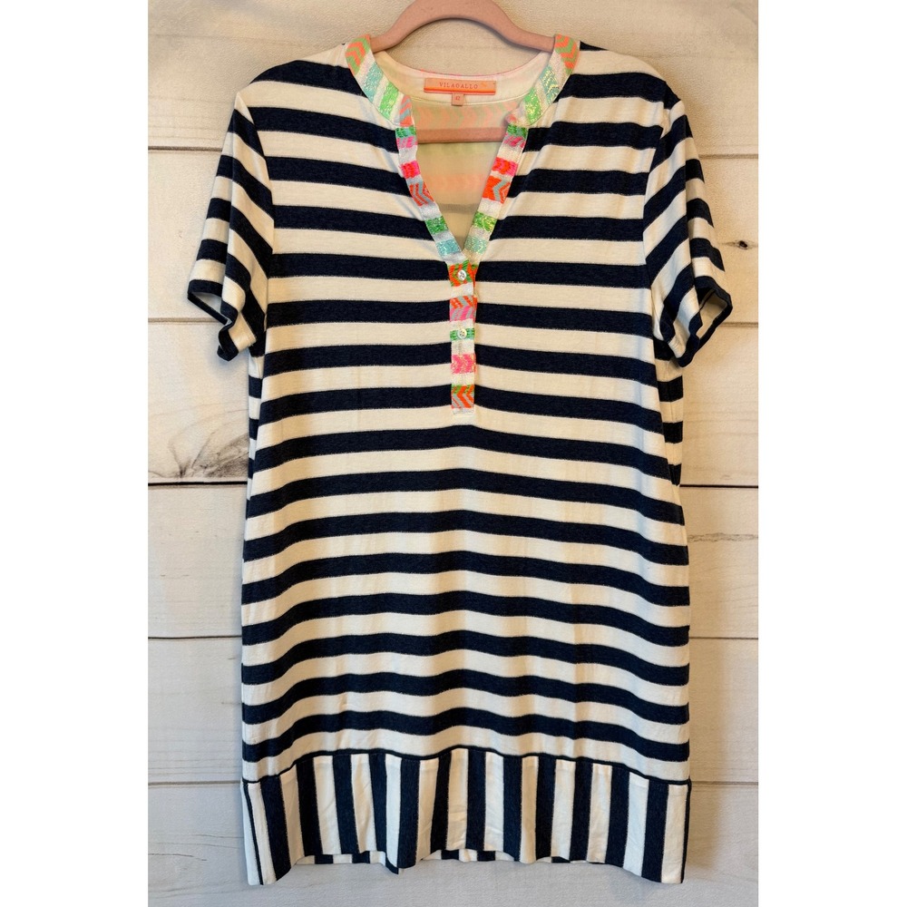 Vilagallo Navy White Striped Neon Embroidered Lurex Shift Dress Size 42 Portugal